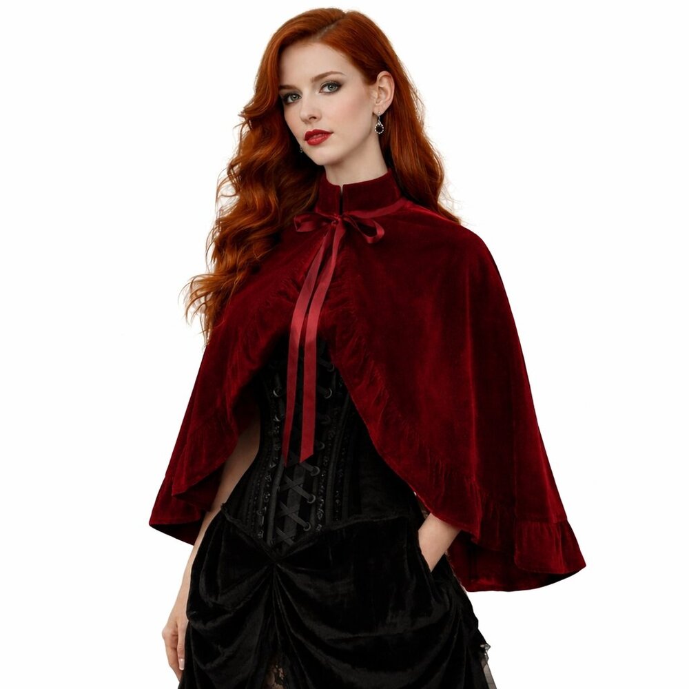 Dark Red Velvet Ruffle Cape